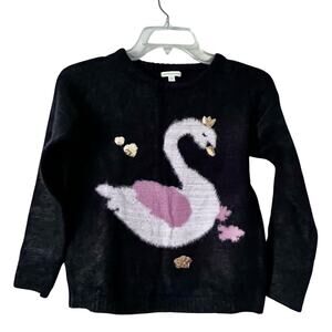 Vertbaudet girls black chunky sweater with swan design sequins hearts size 10